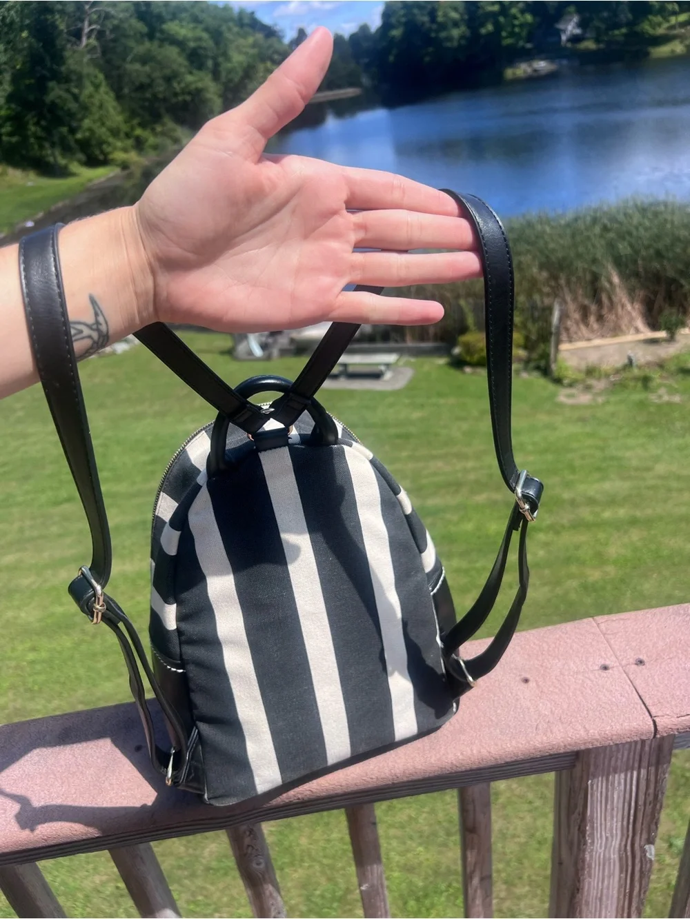 Tommy Hilfiger Black & White Striped Canvas Mini Backpack